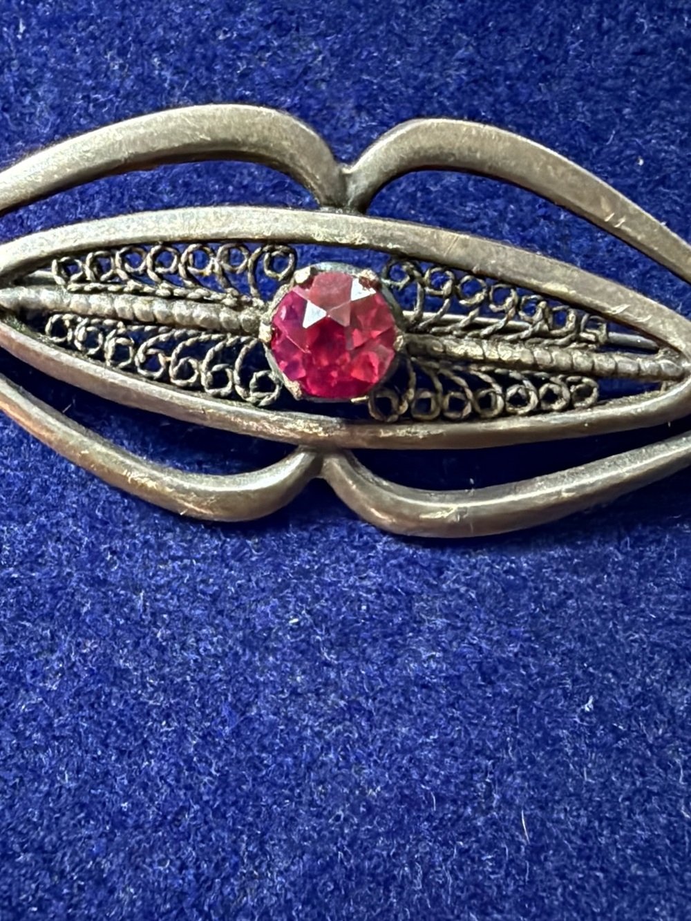 Vintage Russian Silver-Tone Filigree Brooch with Pink Gem